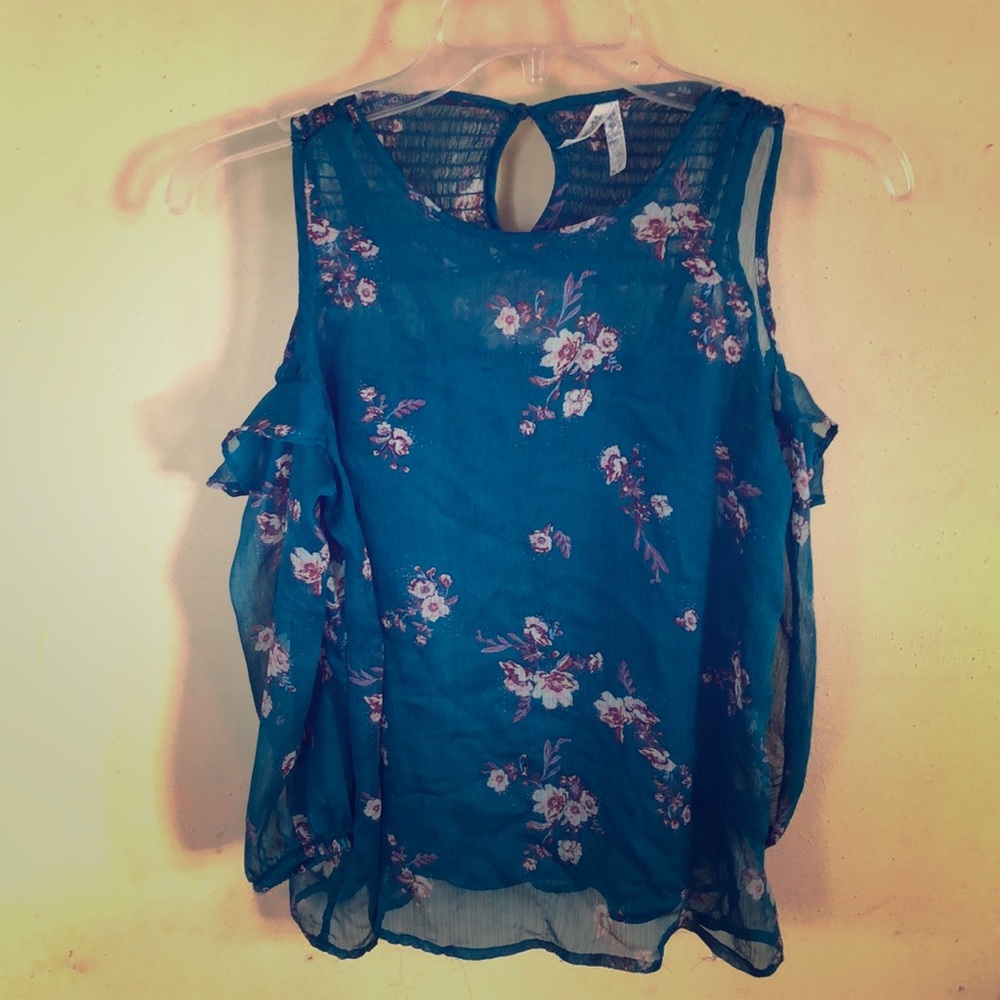🌸 Girl’s Teal and Floral Cold Shoulder Top